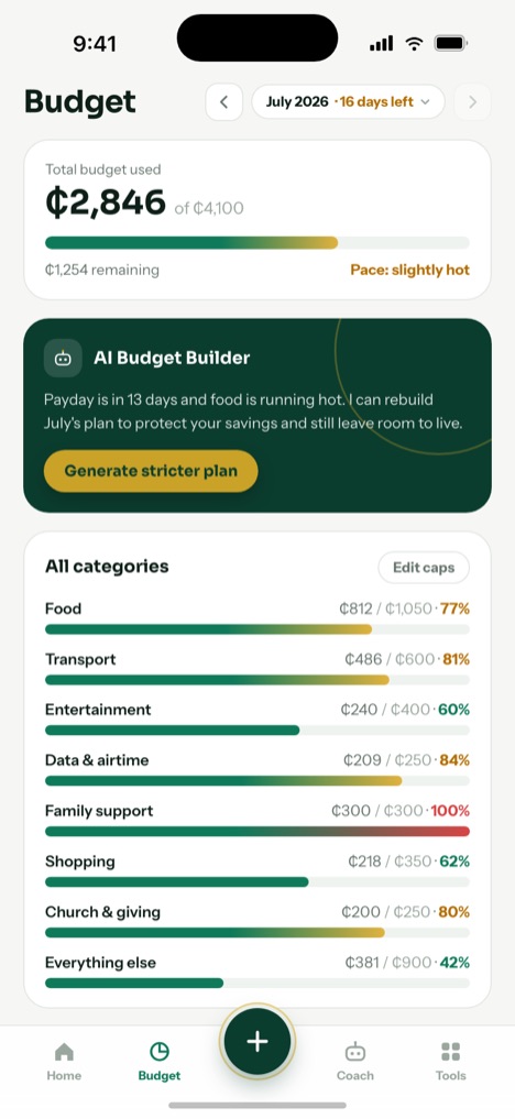 The budget screen: total budget used, the AI Budget Builder and a cap for every category.