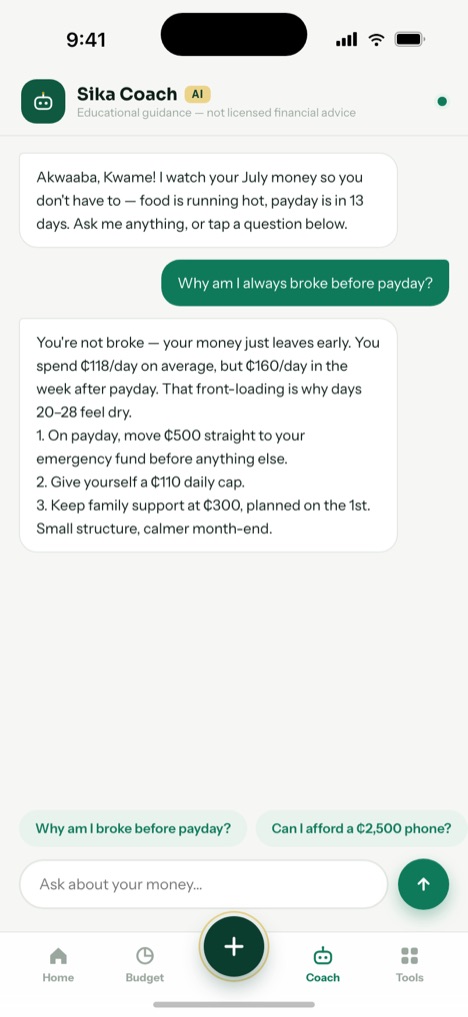 The Sika Coach chat screen, explaining why money runs out before payday.